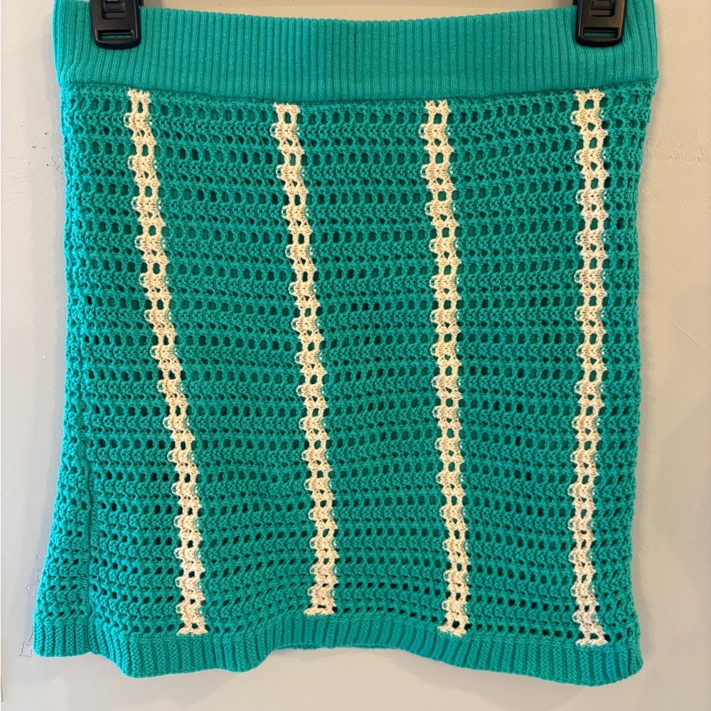 Monrow Teal Crochet Mini Skirt with Cream Stripes